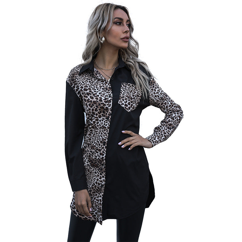 Women's Long-Sleeved Slim-Fit Waist Lapel Long Leopard Print Patchwork Shirt