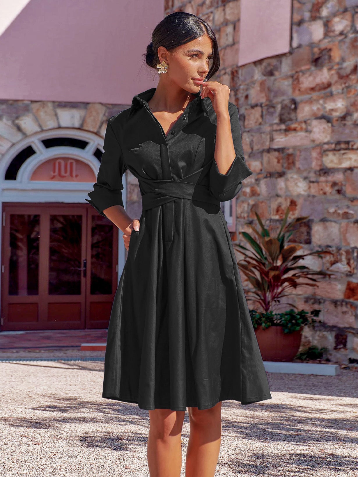 Women's Temperament Elegant Dress Autumn Lace-Up Midskirt Solid Color Shirt A-Line Skirt