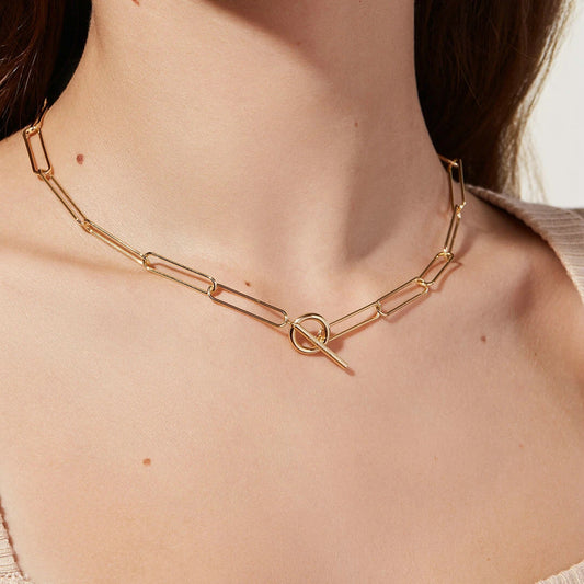 5pcs Punk 18K Gold Ot Buckle Flat Rectangular Chain Necklace Stainless Steel Necklace Women's Choker Jewelry
