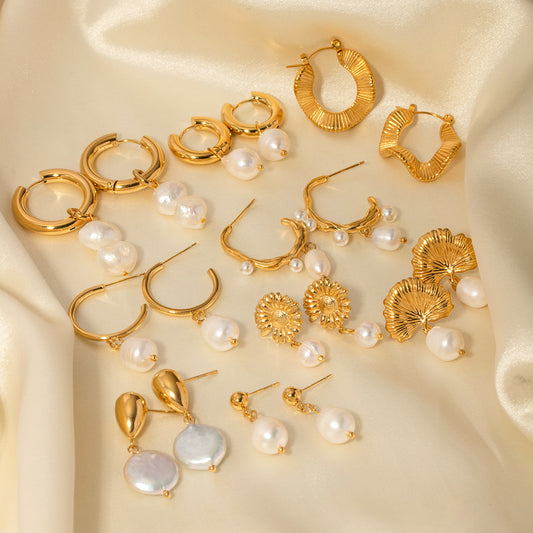 5pcs Stainless Steel Light Pearl Earrings Fashion New Women's Large Pearl C Pendant Earrings Jewelry
