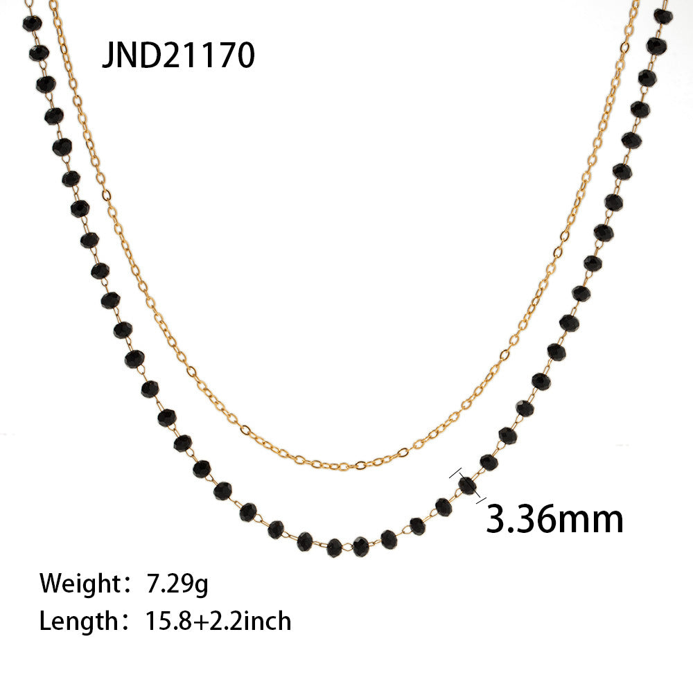 5pcs Bohemian Style Stainless Steel Black Bead Glass Stone Double Necklace Black Glass Sliced Bead Necklace Women's Jewelry