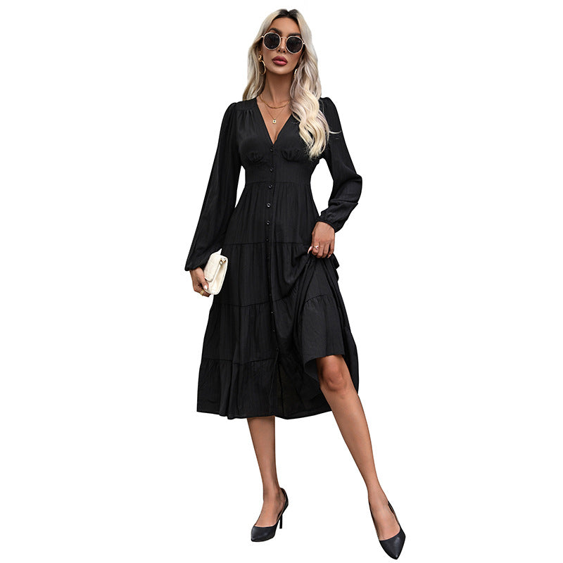 Autumn New Fashion Women's Dress Black Long-Sleeved Dress