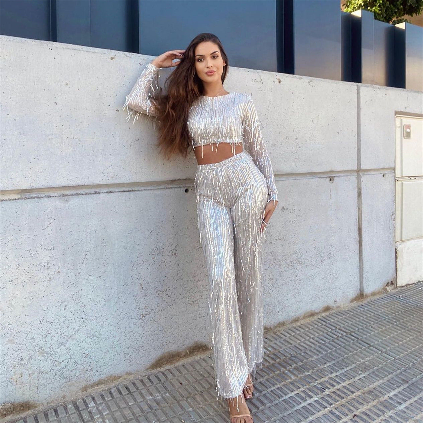 Beaded Crewneck Single Breasted Vest Pant Suit New Spring T-Shirt Casual Sequin Fringe Two-Piece Set