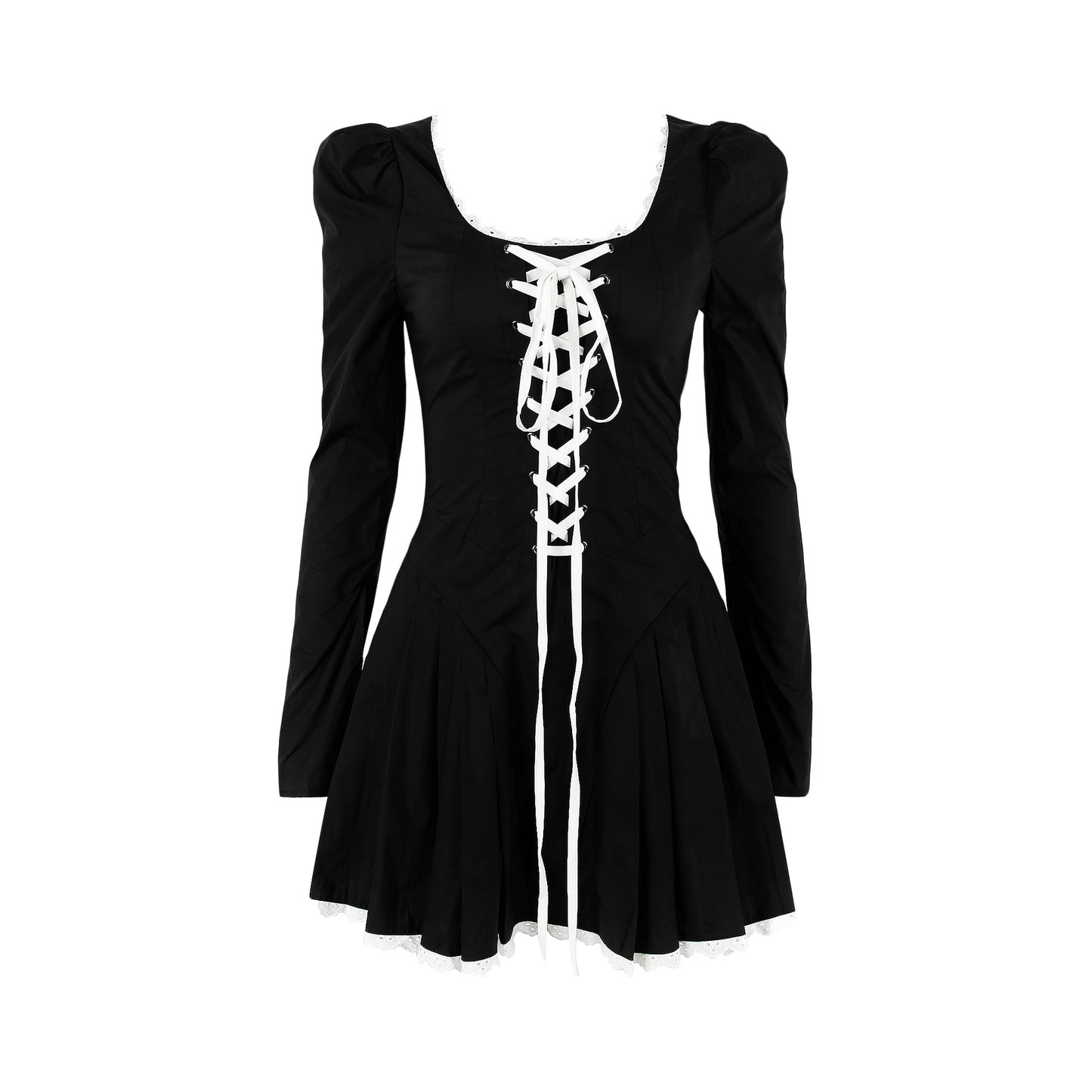 Fall Dress College Style Wear With Women's Retro Puffed Sleeve Drawstring Slim Long-Sleeved Dress Spice Little Black Dress