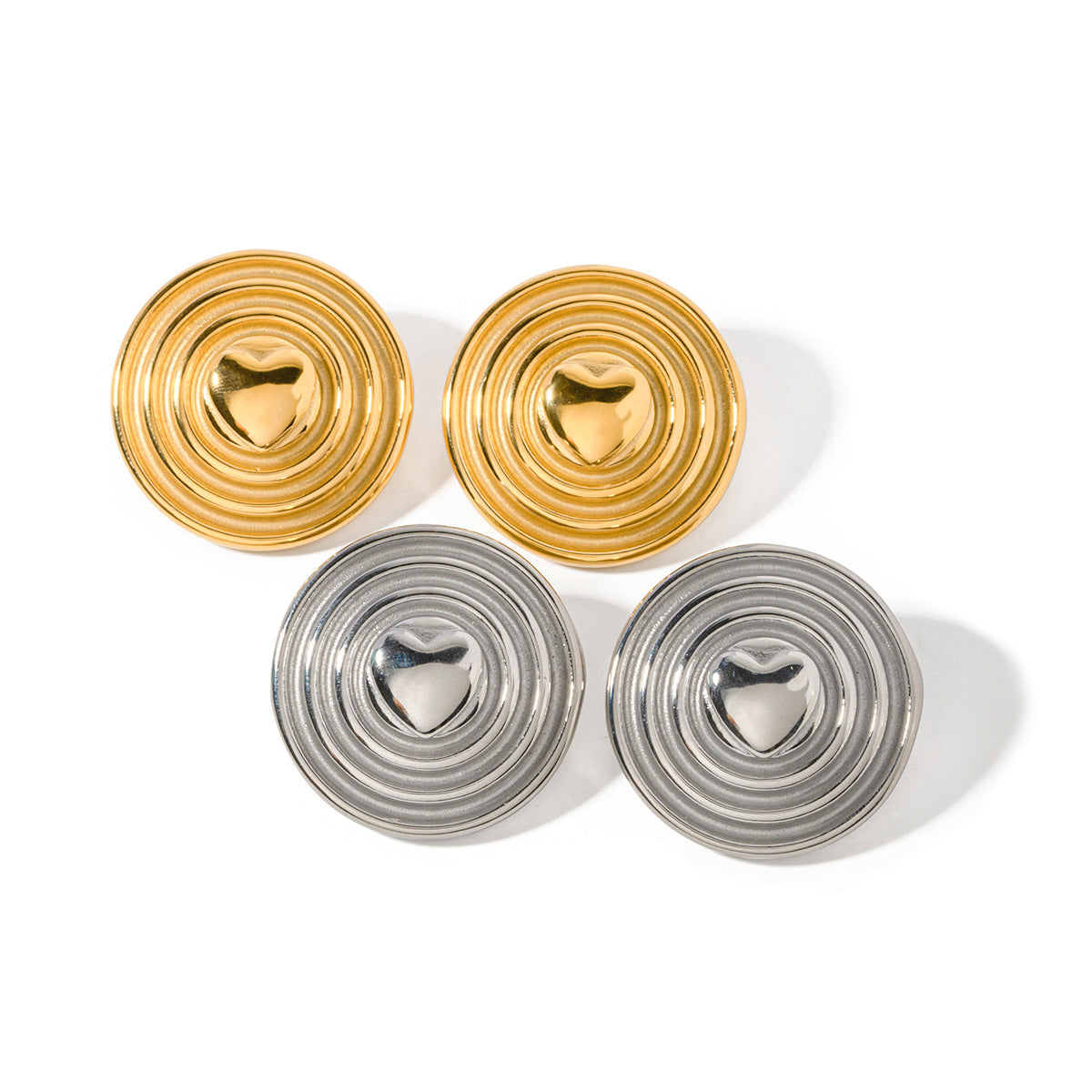 5pcs Gold Stud Earrings Fashion Personality 18K Gold Stainless Steel Centre Heart Round Corrugated Earrings