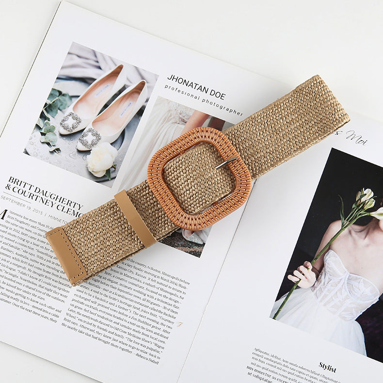 Cotton Hemp Wind Pp Grass Woven Belt For Women Round Square Buckle Dress Gown Decoration Belt