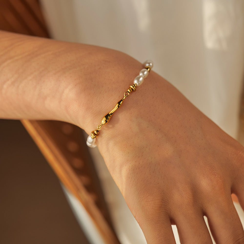5pcs New Fashion Style 18K Stainless Steel Inlaid Pearl Shaped Drop Cast Piece Retro Hand Bracelet