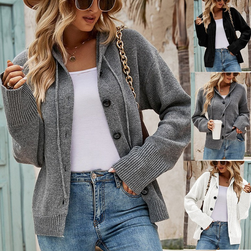 Autumn and Winter Women's Hooded Knitted Cardigan with Drawstring – Stylish Long-Sleeved Sweater