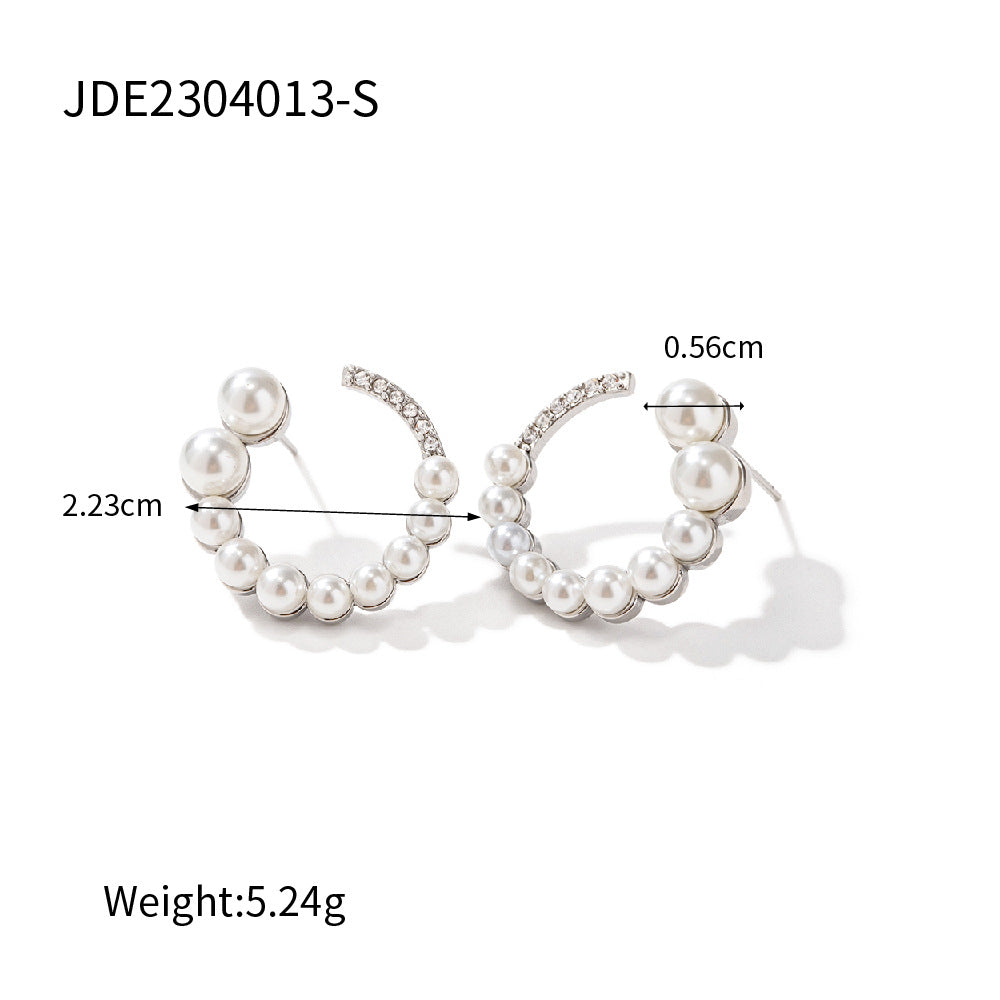 5pcs Hot 18K Gold Stainless Steel Full Diamond Full Pearl C Shaped Horn Ring Earrings Do Not Fade Jewelry