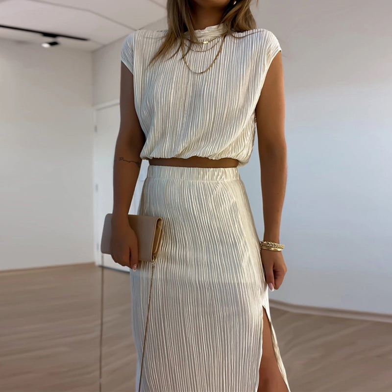Women's Pleated Half High Neck Short Shirt High Waist Slit Mid-Length Skirt Two-Piece Set