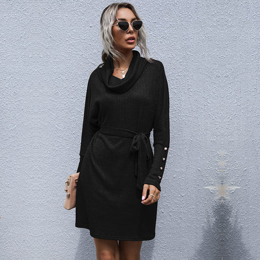 Autumn Black Pile Collar Solid Color Knit Sweater Dress With Long Sleeves