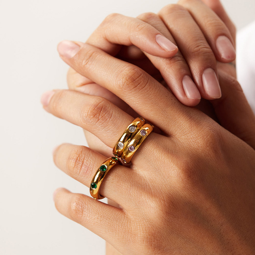 5pcs 18K Gold Stainless Steel Retro Micro-Inset Green // White Zircon Ring Index Finger Joint Finger Ring