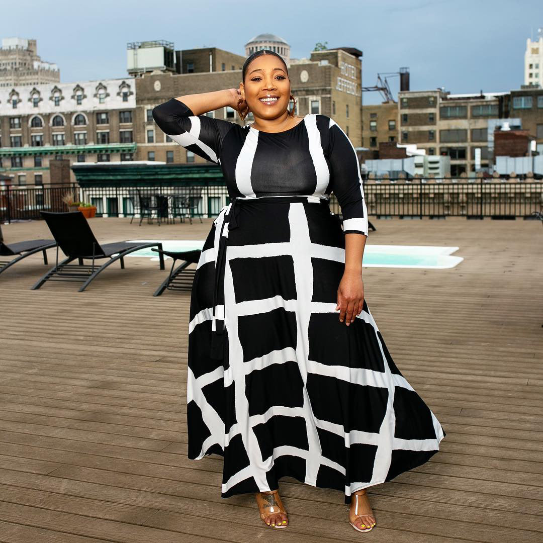 Plus-Size Women's Clothing Fashion Striped Positioning Printed Five-Quarter Sleeve Dress