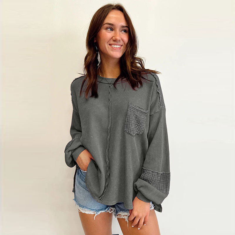 Autumn New Open Seam Patchwork Waffle Sweatshirt Women Casual With All Round Neck Pullover Women