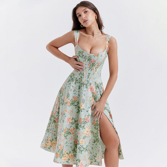 Sexy Fishbone Slip Dress Slim Slim Backless Split Midi Floral Dress Dopamine Wear With Women