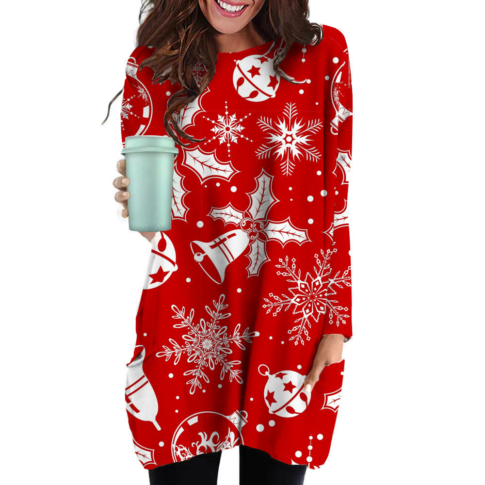 Women's Loose Round Neck 3D Christmas Elements Printed Long T-Shirt A Hair Casual Hoodie
