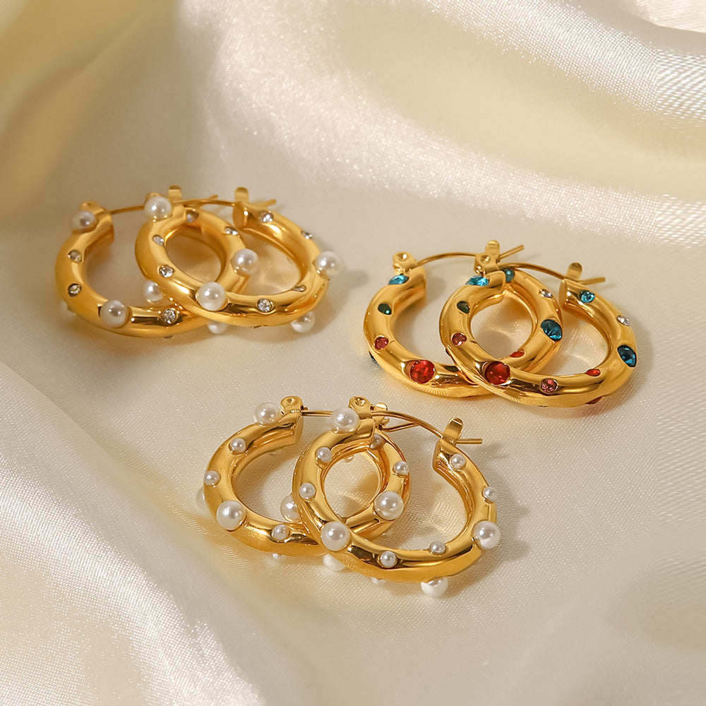 5pcs New Titanium Steel Ring Earrings 18K Stainless Steel Inlaid Pearl Zircon Earrings For Women