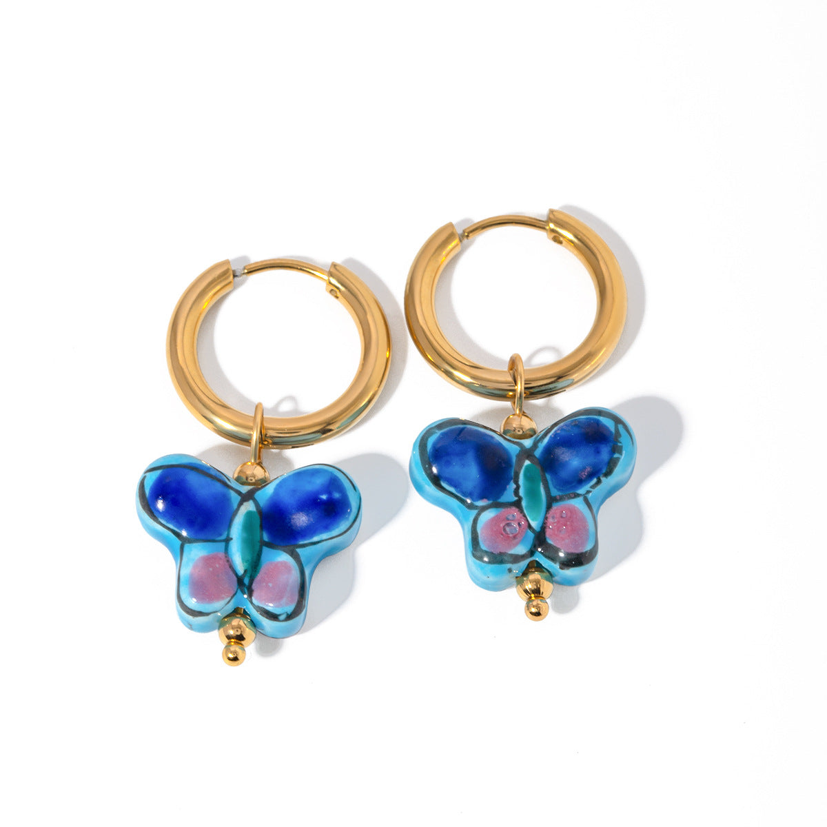 5pcs Women's Blue Floral Butterfly Ceramic Pendant Earrings Fashion Everything With Vintage Titanium Steel Earrings