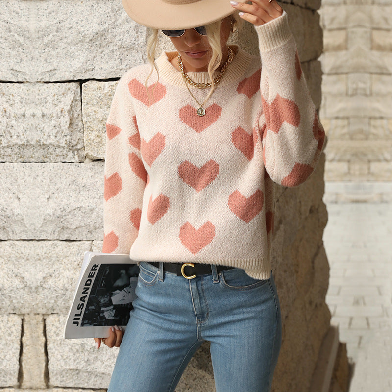 New Autumn And Winter Fashion Knitting Leisure Love Long-Sleeved Pink Sweater