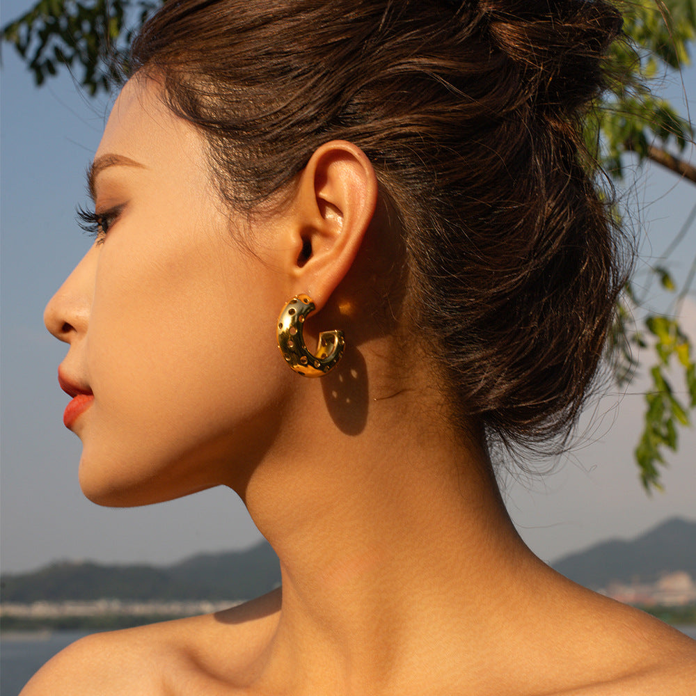 5pcs Fashion 18K Gold Stainless Steel 18K Gold Stainless Steel Round Hollow C-Shaped Earrings Earrings Studs