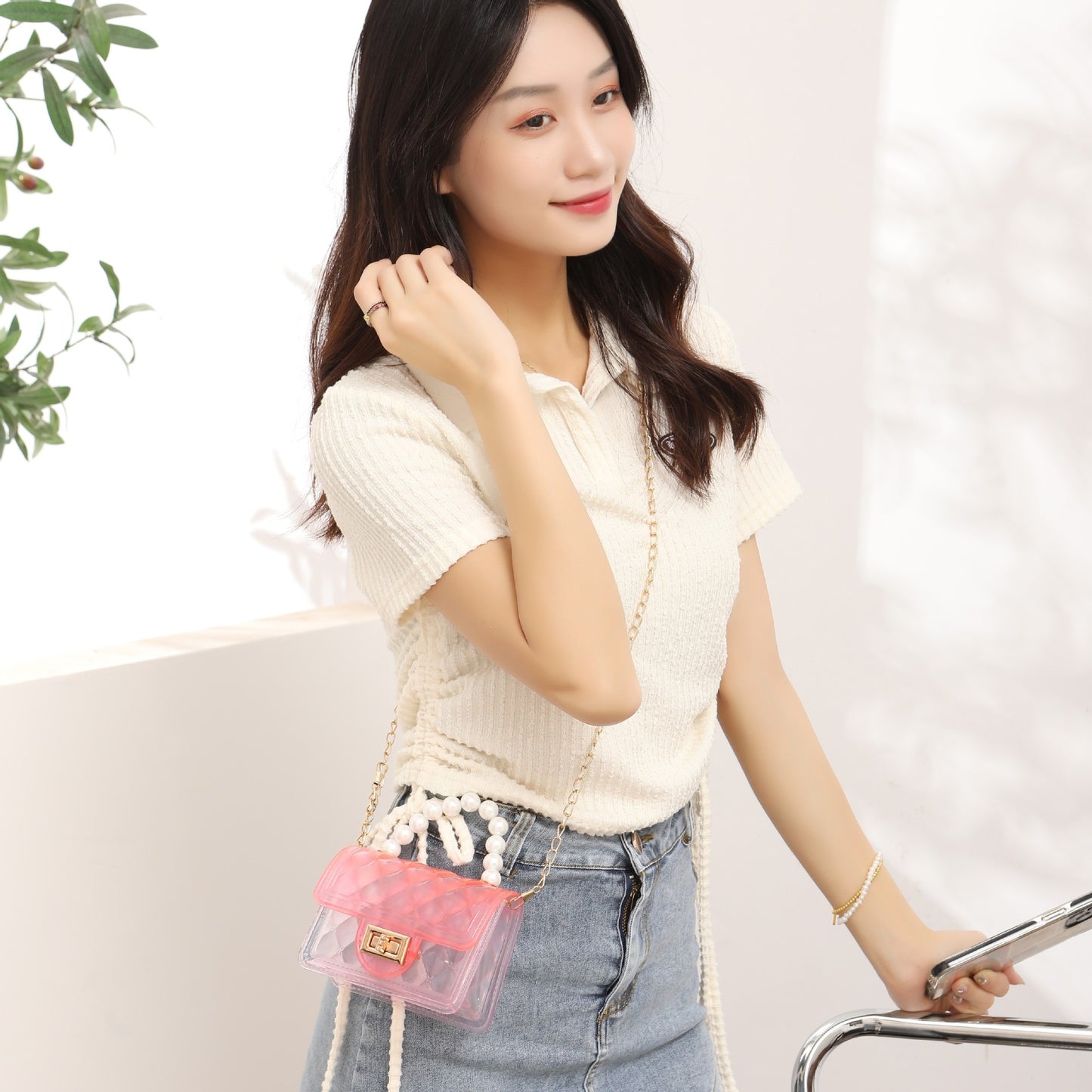 Summer New Transparent Jelly Bag Women's Handbag Pearl Chain Bag Single Shoulder Crossbody Bag Transparent Bag