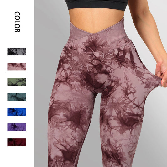 Cross Waist Tie-Dye Seamless Knit Tight Hip Lift Yoga Pants Women's Peach Hip Fitness