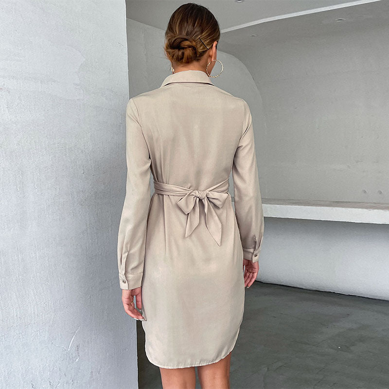 Early Autumn Women's Shirt Skirt Lapel Solid Color Long-Sleeved Shirt Dress
