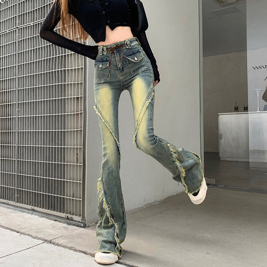 Real Shot Retro Furred Lace Strap Micro Cropped Denim Pants Female New Spice Girl High-Waisted Stretch Flared Pants
