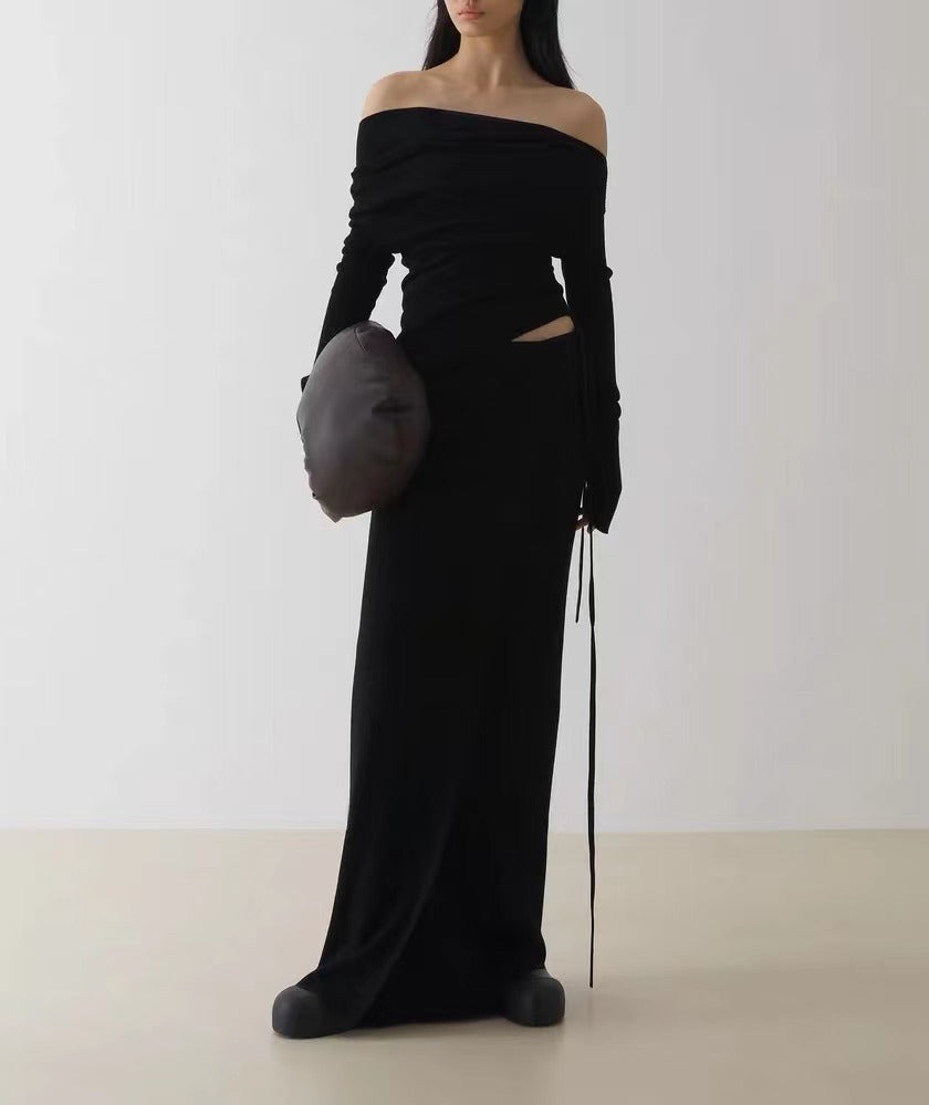 Autumn New Gentle Wind Knit Suit Feminine Black Top Skirt Two-Piece Set
