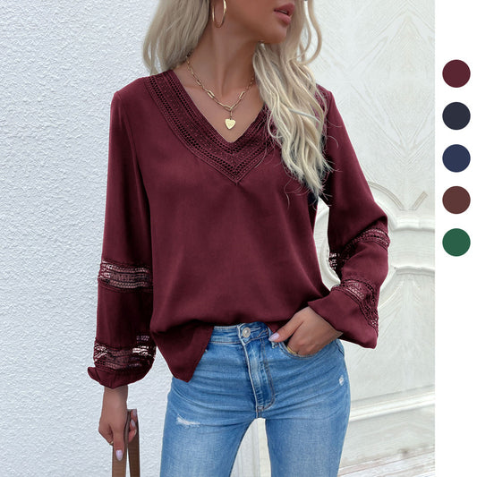 Spring And Autumn  Long-Sleeve Lace Stitching Shirt Set Head V-Neck Hollow Shirt Women's Wear
