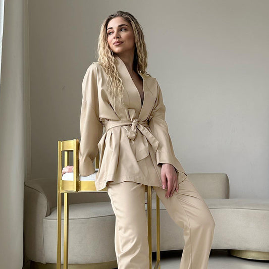 New Autumn Simple Color Ding Lace-Up Nightgown Two-Piece Set Of Solid Color Loose Ladies' Home Wear