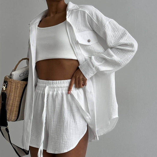 Women's Spring Lapel Loose Shirt High-Waisted Shorts Two-Piece Fashion Casual Suit