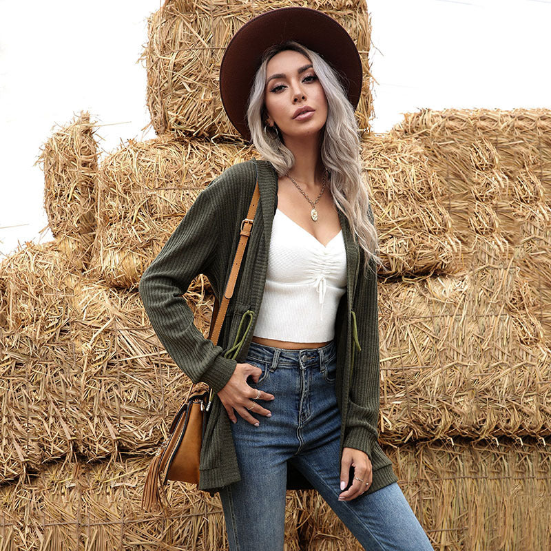 Autumn Solid Color Long Sleeve Cardigan Knit Hooded Sweater Coat Women