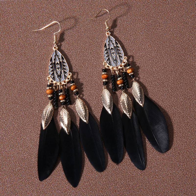 Water Drop Fringe Feather Earrings Women's Long Boho Rice Beads Ears Ethnic Wind Travel Holiday Accessories