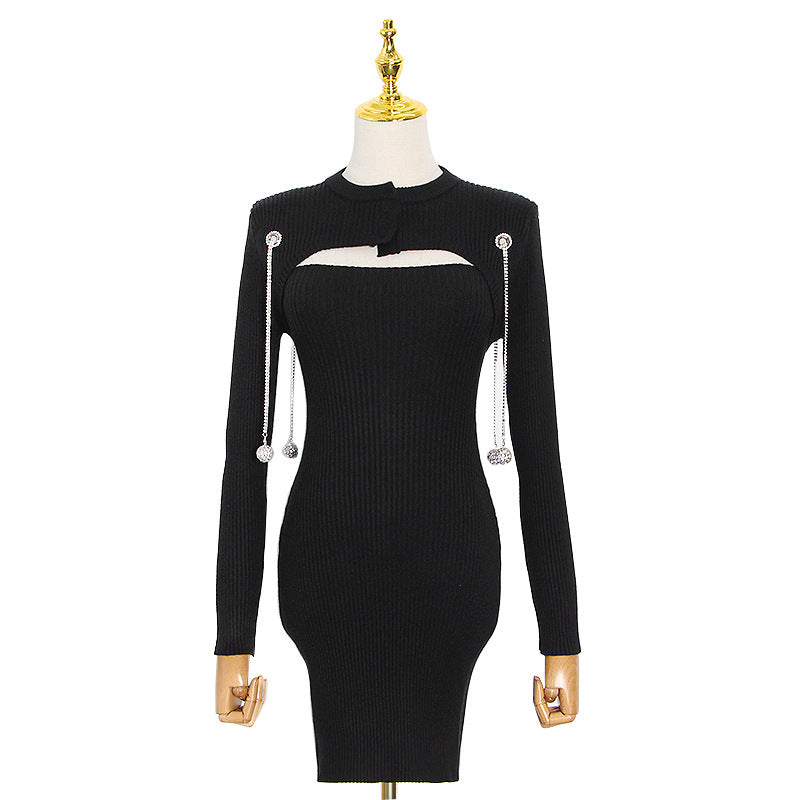 Knitted Round Neck New Fashion Temperament Sexy Hollow Adjustable Patchwork Slim Short Bag Buttock Dress