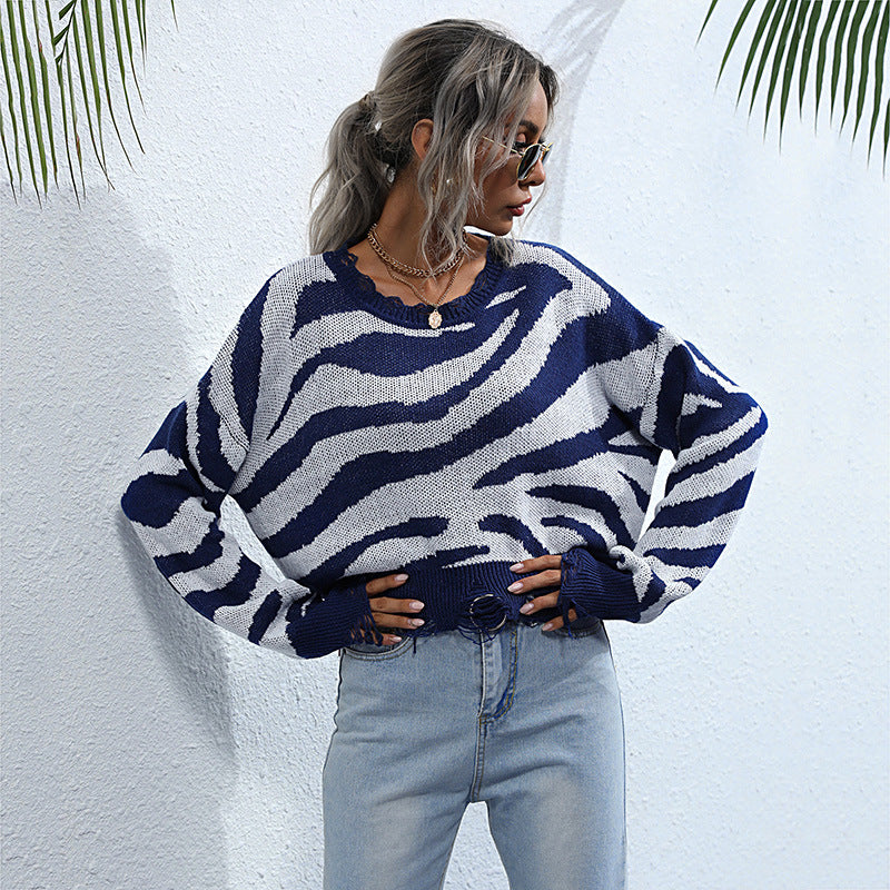 Women's Autumn Knit With Blue Zebra Crewneck Sweater Women Loose