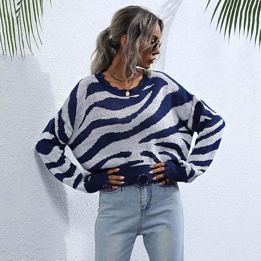 Women's Autumn Knit With Blue Zebra Crewneck Sweater Women Loose