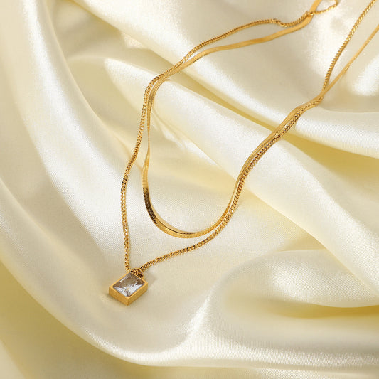 5pcs Women's Stainless Steel Jewelry Double 18K Gold Snake Chain Necklace Mini Exquisite Square Diamond Crystal Pendant Necklace