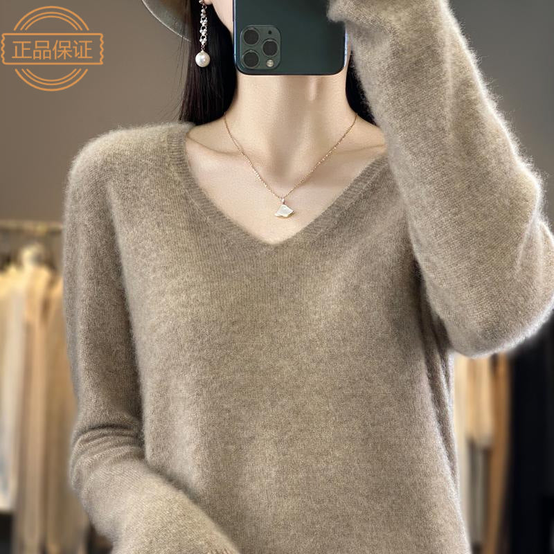 100 Pure Wool Knitwear Women's V-Neck Pullover Loose Base Shirt Autumn And Winter New Solid Color Sweater
