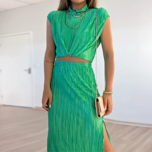 Women's Pleated Half High Neck Short Shirt High Waist Slit Mid-Length Skirt Two-Piece Set