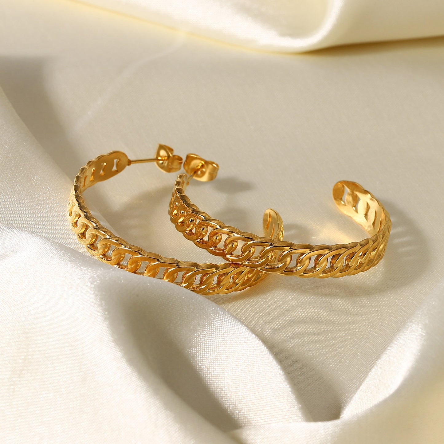 5pcs 18K Gold-Plated Stainless Steel Hoop Earrings 35Mm Gold Titanium Steel Cuban Chain C-Chain Earrings For Women