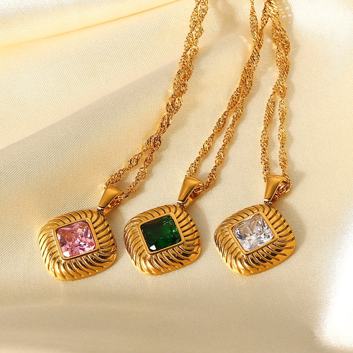 5pcs New Stainless Steel Necklace 18K Gold Square Rib Buttons White // Green Zircon Pendant Necklace For Women