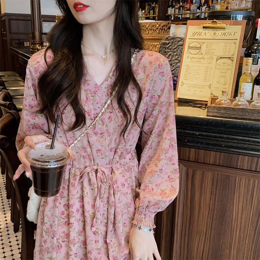 Spring Dress New Rose Tea Break Dress Flower Yao Print Temperament V-Neck Long Floral Dress Female