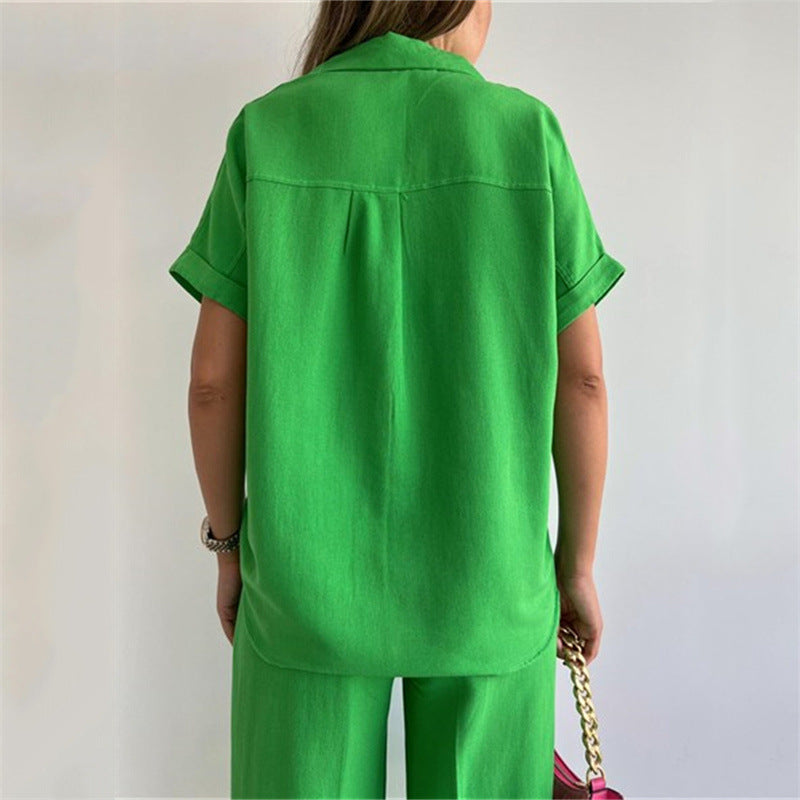 Wide-Leg Pants Suit New Spring And Summer Loose Sleeved Shirt Blouse Casual Pants Two-Piece Women's Wear
