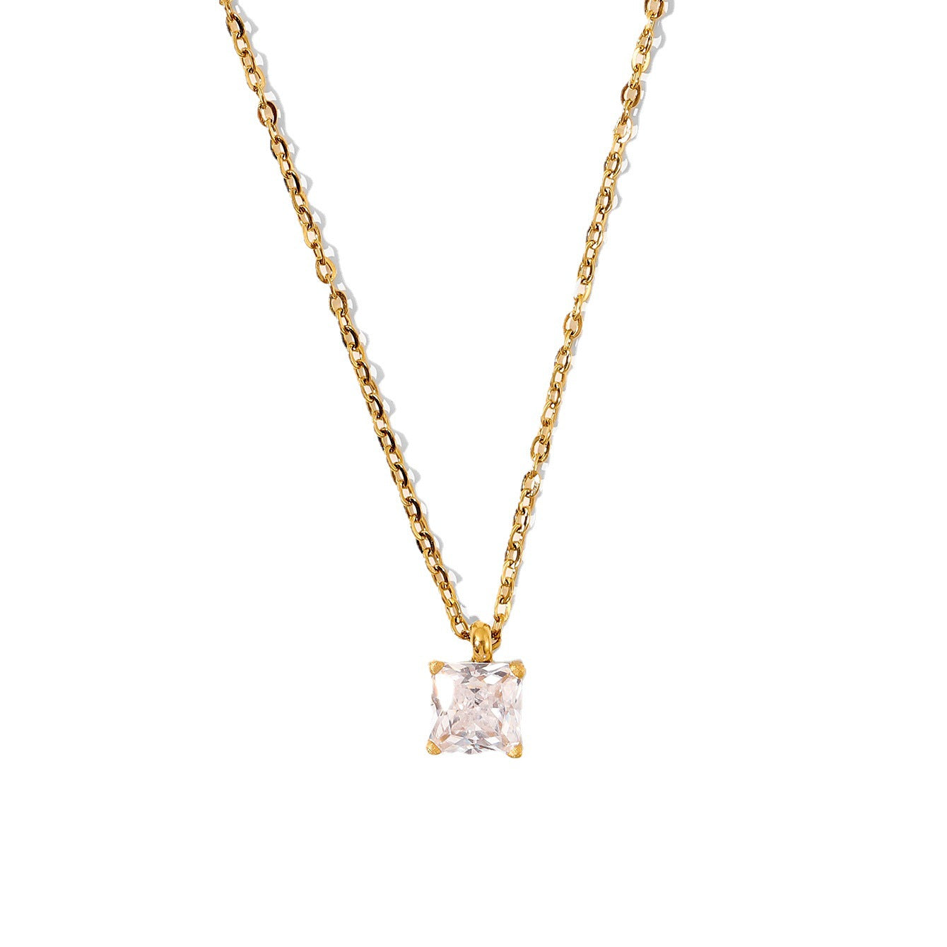 5pcs Necklace 18K Gold Stainless Steel White // Green Square Zircon Pendant Necklace Jewelry Women