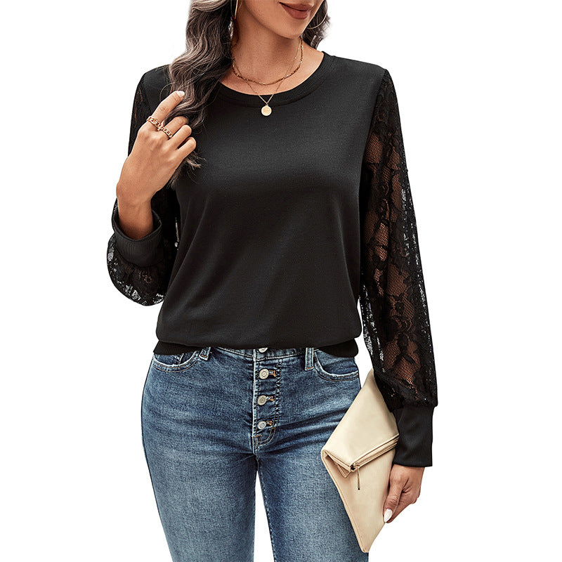 New Autumn New Women's Lace Stitching Black Hoodie Woman