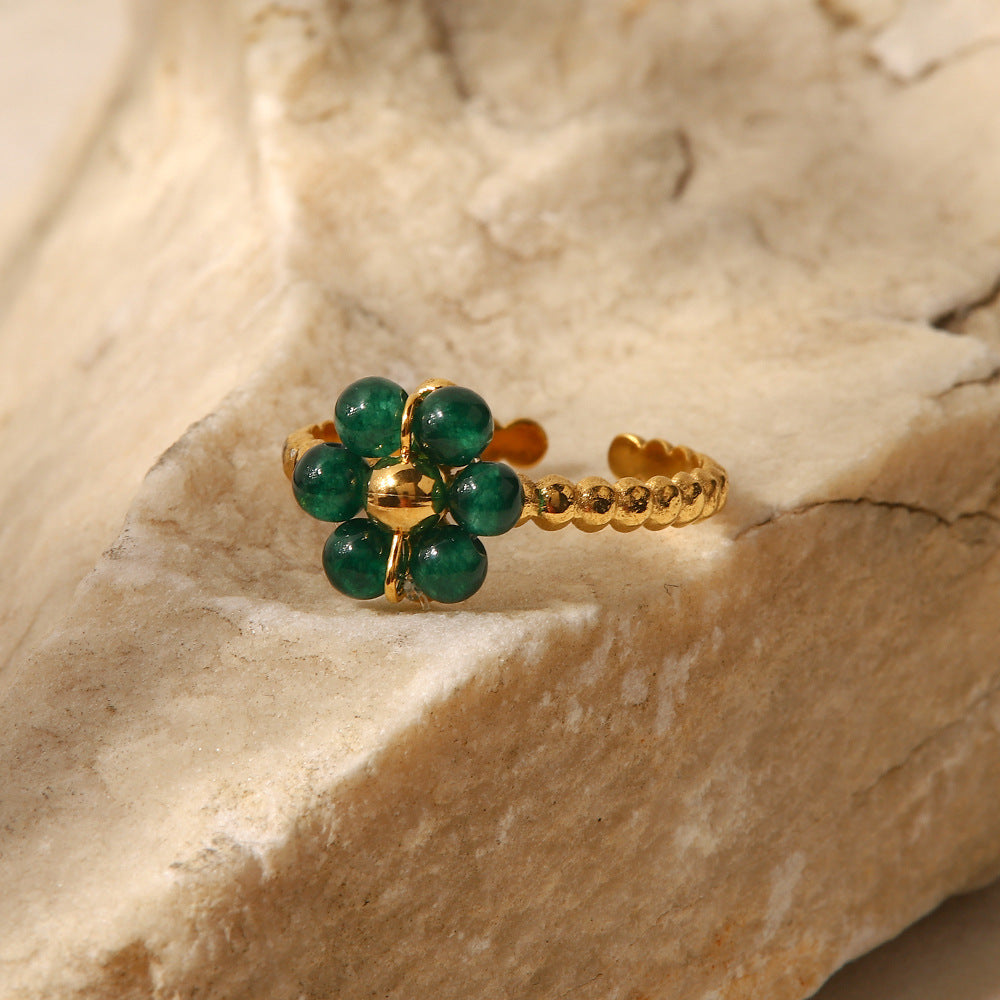5pcs New Fashion Feminine All-Fit Titanium Steel Ring Green Natural Stone Sunflower Adjustable Ring