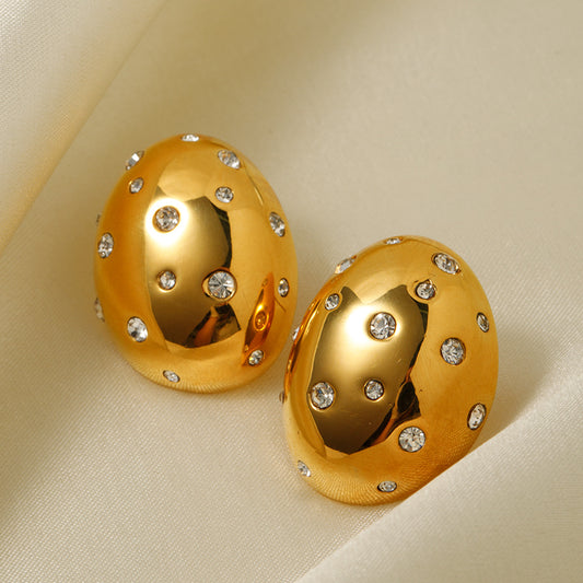 5pcs 18K Gold Stainless Steel Inlaid White Diamond Oval Earrings New Fashion Temperament Niche Set