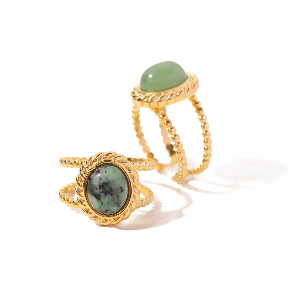 5pcs Vintage Style Titanium Steel Natural Stone Ring Female Niche Design High-Grade Sense Open Ring Fashion Personality
