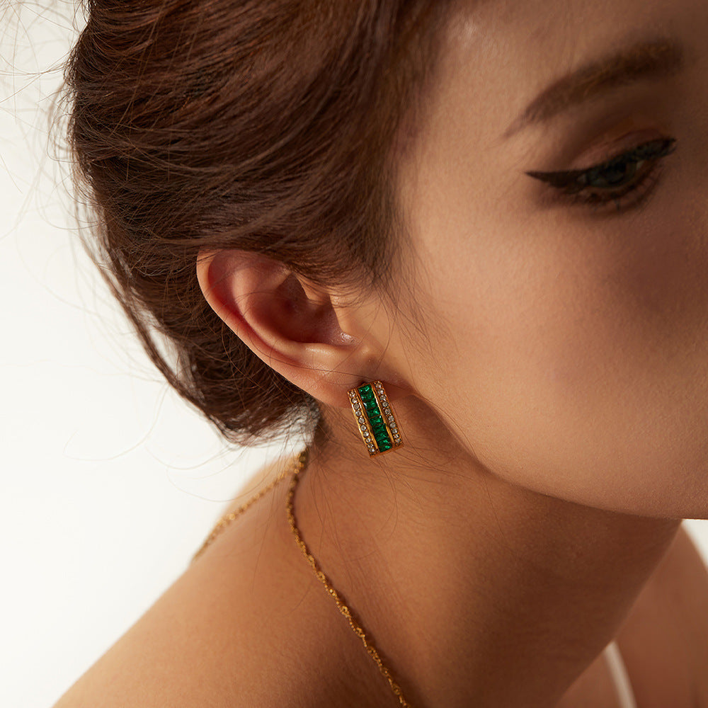 5pcs New Women's Titanium Steel Earrings 18K Gold Square Diamond Hollow Earrings Transparent Diamond/Green Diamond Earrings Stainless Steel Earrings